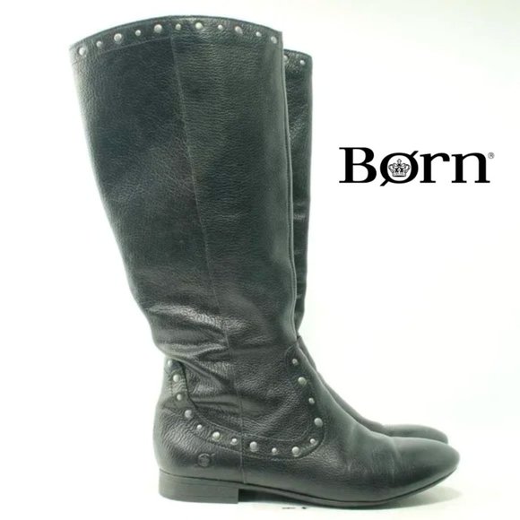 Born Shoes - Born Lizzie Black Silver Studs Knee High Leather Boots Size Women's US6 EU36.5